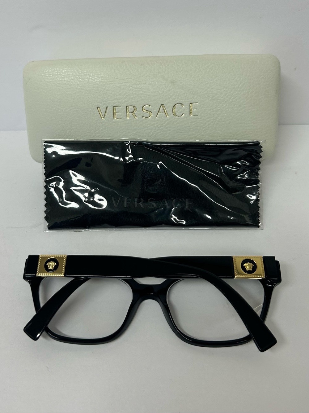 Versace Black womens Square Glasses with Gold Medusa Plaques
